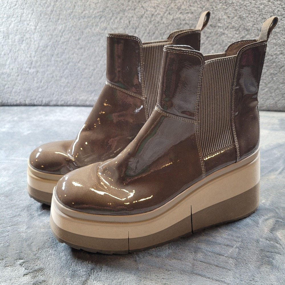 Naked Feet Guild Taupe Brown Patent Platform Chelsea Boots 9.5M 10138